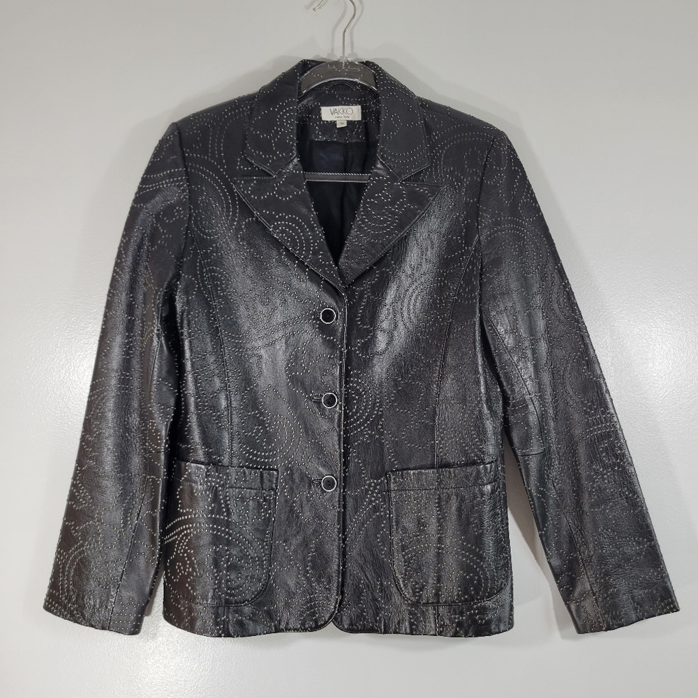 Vintage VAKKO New York black leather perforated floral single breasted blazer